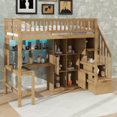 Lit surélevé en bois pour lit simple avec bureau, lumières DEL et supports de rangement