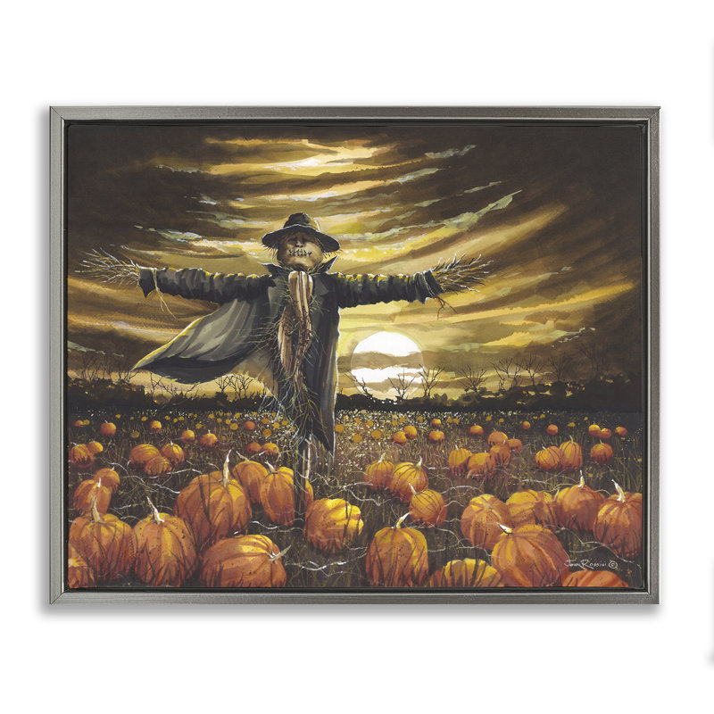 "Scarecrow in Pumpkin Field" par John Rossini, Cadre flottant gris lustré, H 17 po x l 21 po
