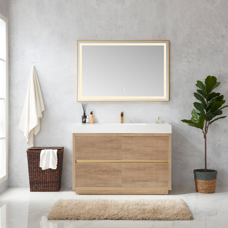 Ensemble de meuble-lavabo simple 48 po avec miroir Huesca, Chêne nord-américain, Blanc
