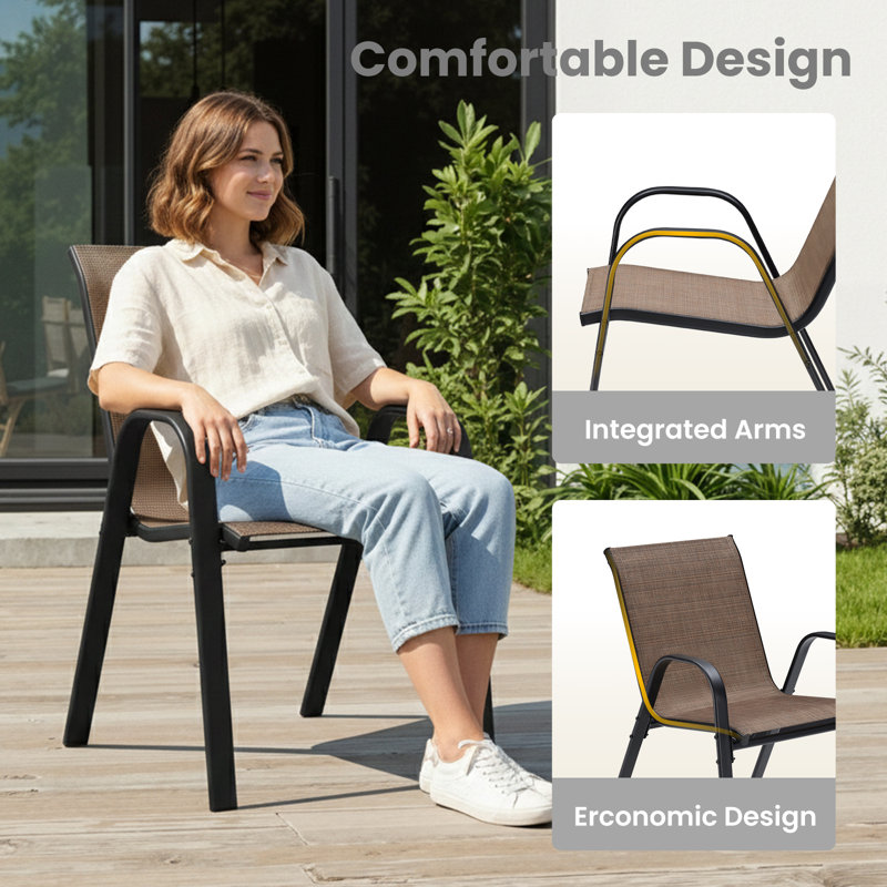 6 Person Patio Stackable Chair Dining Set With Round Metal Dining Table, Brown