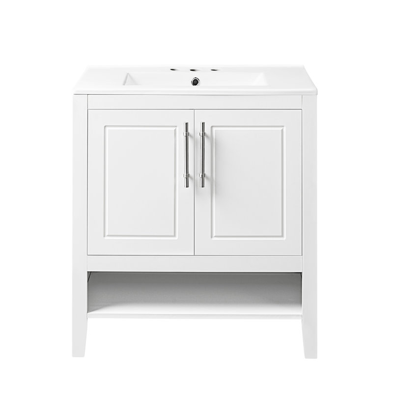 Meuble-lavabo 30 po avec lavabo, armoire de salle de bain multifonctionnelle avec portes et tiroirs, structure solide et panneau de fibres à densité moyenne, blanc