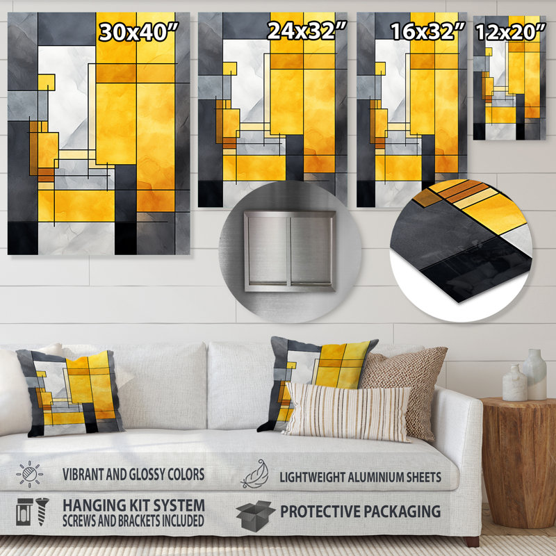 Jaune et gris fusion géométrique 3 - art mural géométrique en métal, H 32 po x l 16 po x P 1 po