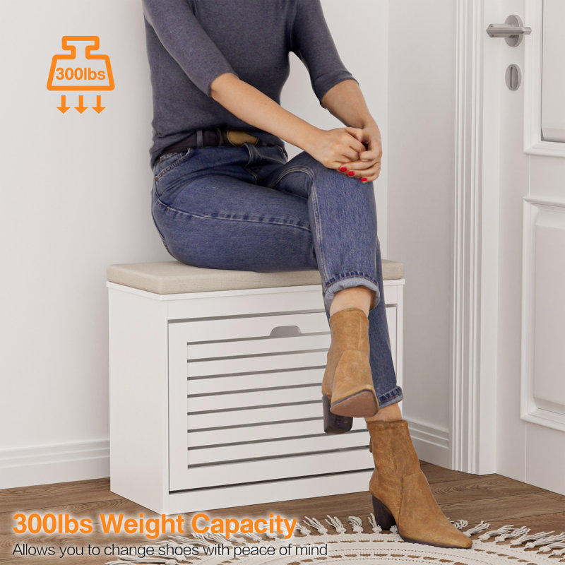 Small Shoe Storage Bench with Flip Drawer and Cushion for Entryway