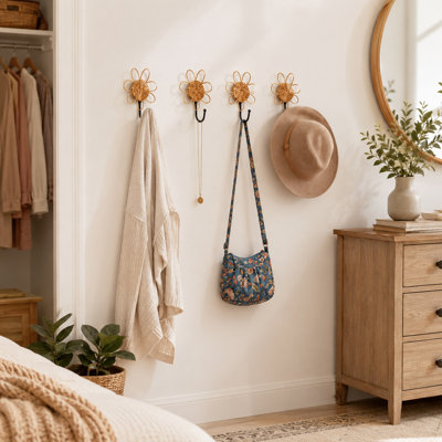 Boho Rattan Flower Wall Hooks Set of 4 with Wood Frame