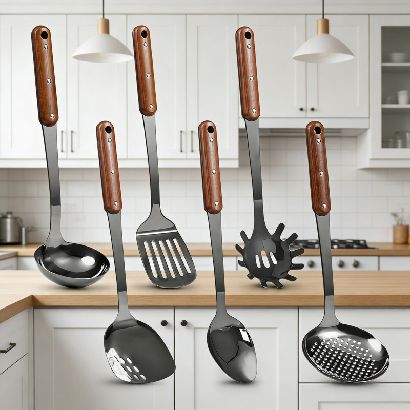 Ensemble d'ustensiles de cuisine 6 pièces en acier inoxydable avec poignées en bois - Outils de cuisson polis miroitants, y compris Turner, spatule, louche, écumoire, cuillère solide et fourchette à pâtes