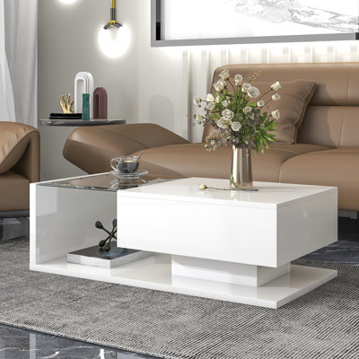 Modern Coffee Table With Tempered Glass, Wooden Cocktail Table With High-Gloss UV Surface, Modernist 2-Tier Rectangle Centre Table For Living Room
