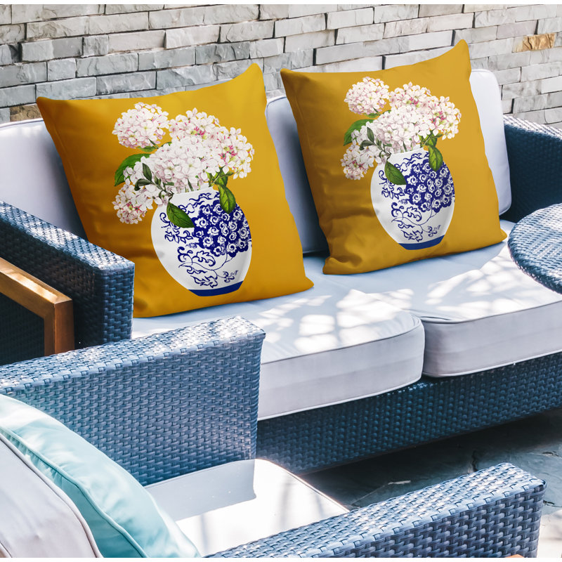 Coussin décoratif intérieur / extérieur floral, L 19 po x H 19 po, Jaune