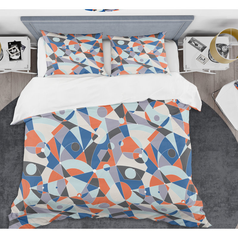 Ensemble de housse de couette Mid-Century Retro Grid IV, Housse de couette très grand et 2 taies, Orange/bleu