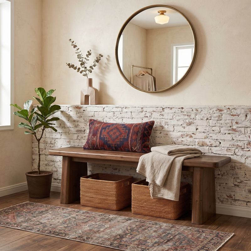 55.1" Solid Wood Bench, Rustic Entryway Bench
