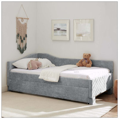 Curved Round Edge Padded Backrest Daybed, Vintage Nailhead Trim Chenille Daybed with Pull-out Trundle and USB Port
