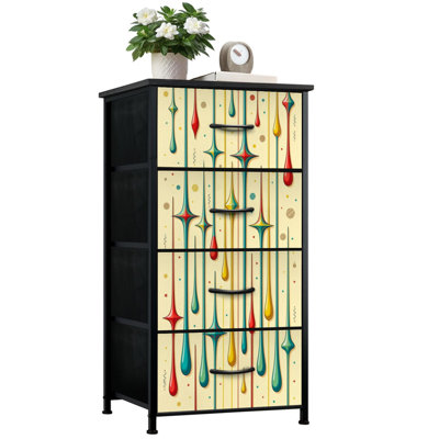 Dresser for Bedroom with 4 Storage Drawers Mid Century Retro Abstract Modern Geometric Colorful Vintage 50s 60s Dressers Chest of Drawers Steel Framed Fabric Closet Organizers for Dorm Entryway