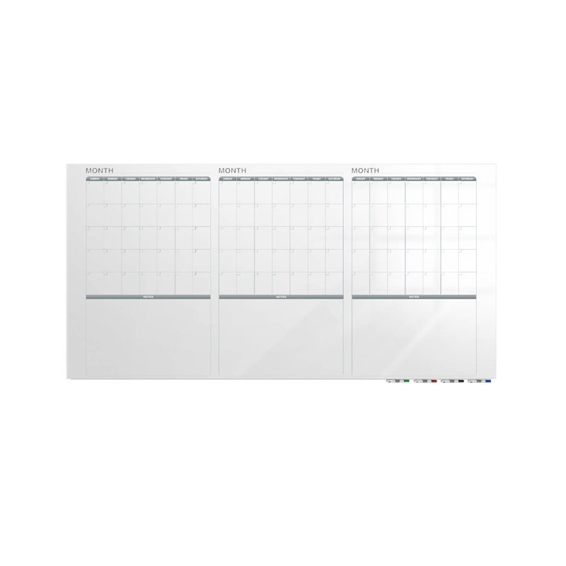 Panneau de verre à profil bas, calendrier 1 mois, calendrier magnétique Ghent, Calendrier horizontal de 3 mois, 48 po x 96 po