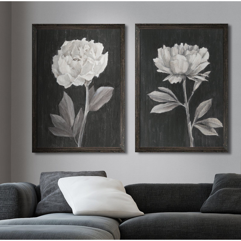 «Black and White Flowers III», ensemble de 2 reproductions d'art encadrées, H 20 po x l 32 po, Toile encadrée, Ébène