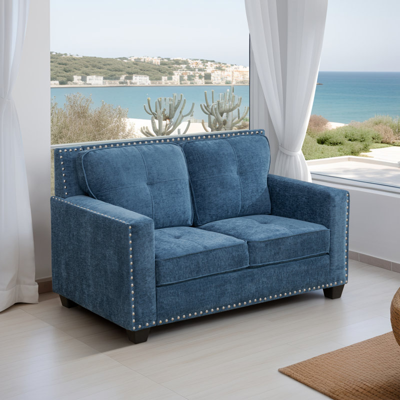 Lake Blue Flannelette Nailhead Trim Three-Seat Sofa, 34" H x 57" W x 34" D