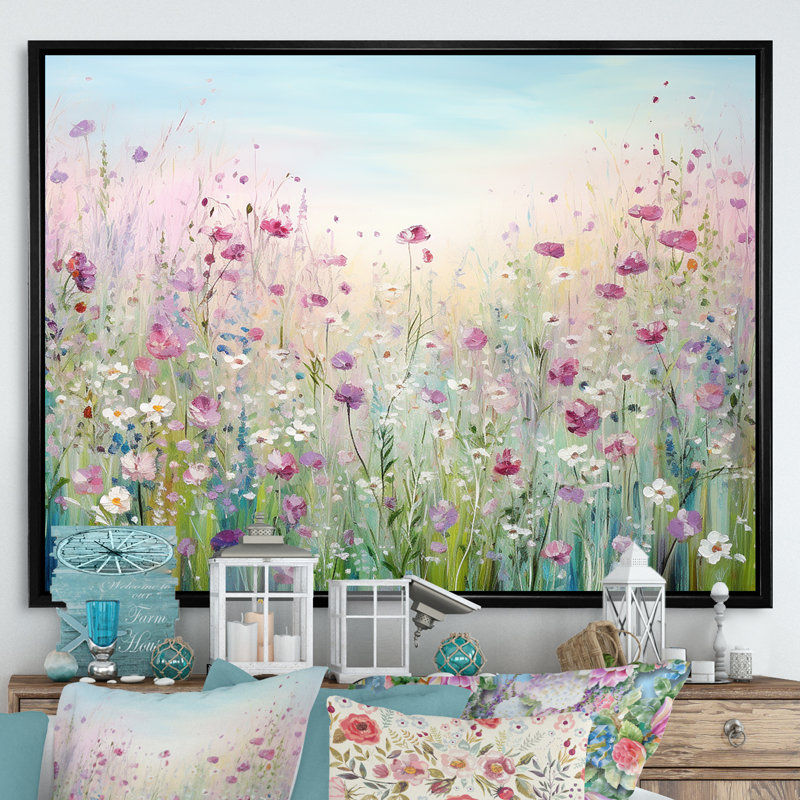 Art sur toile, "Fleurs sauvages", Reproduction avec cadre flottant, H 34 po x l 44 po, Noir