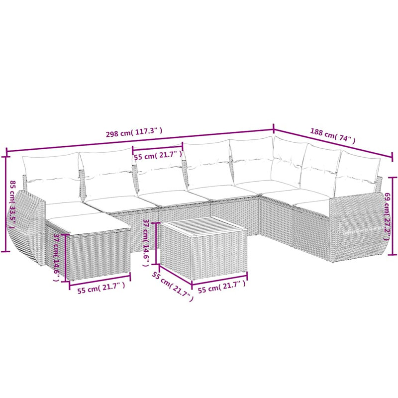  Ensemble de canapé de patio 9 pièces avec coussins en rotin de polyester gris