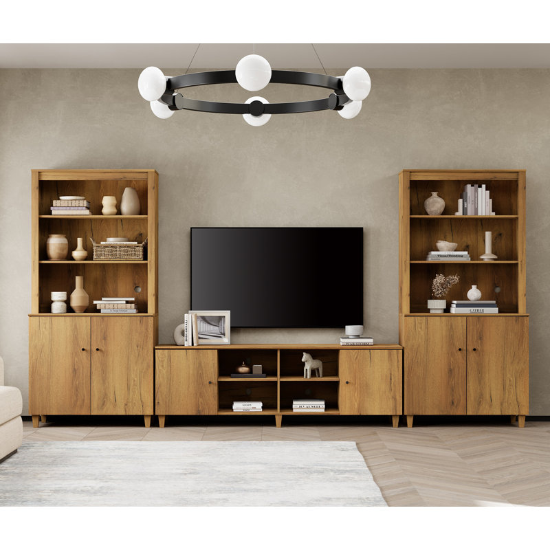 TV Stand And Bookcase Set With Cabinets & Shelves For 75" Tvs, Oak Brown