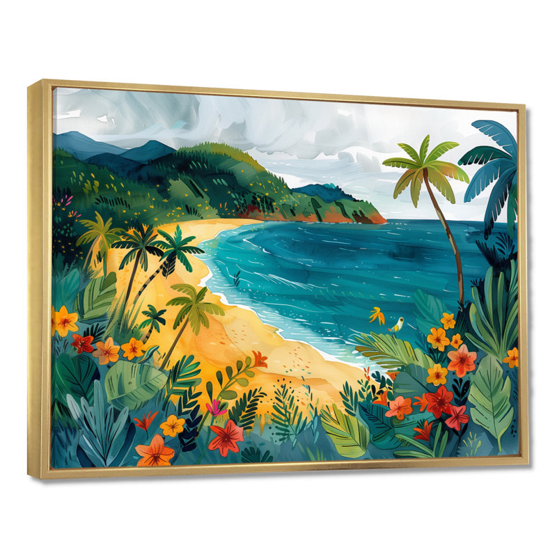 «Orange Green Coastal Beach In Mexico III», reproduction d'art sur la plage, Cadre flottant doré, H 16 po x l 32 po x P 1 po