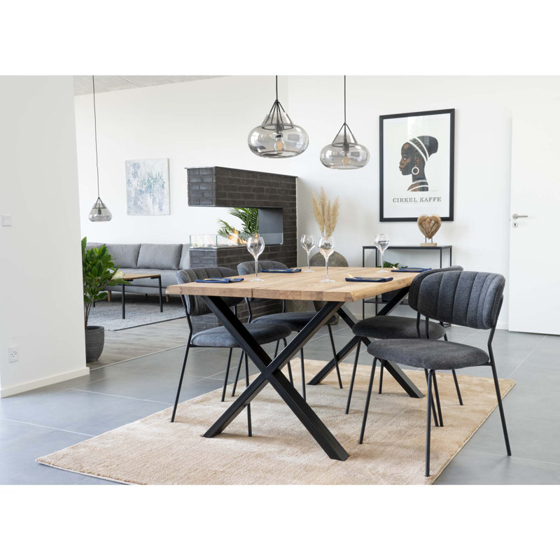 Elsass Oak Solid Wood Top Metal Base Dining Table, Light Brown