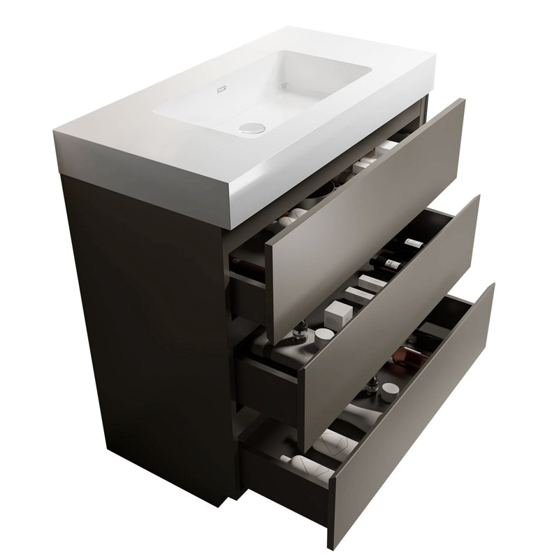 Meuble-lavabo gris de 36 po avec lavabo - Style moderne. Grand espace de rangement, Silencieux. Bassin blanc. Pré-assemblé en toute élégance. Rangement maximal, bon fonctionnement. Conception ergonomique.