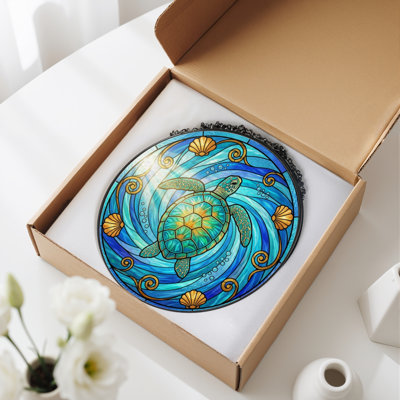 Sea Turtle Stained Glass Window Panel，7.8H