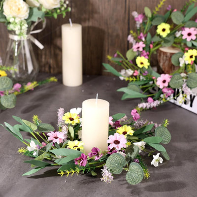 8 pièces 9 po Mini couronne de fleurs d'été de printemps Bougies de mariage florales Couronnes d'armoire de cuisine avec ruban pour piliers Table de mariage Centre de table Maison de campagne Décoration de porte toutes saisons