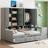 Wooden Daybed With Three Drawers, And All-In-One Cabinet, Desk And Shelves