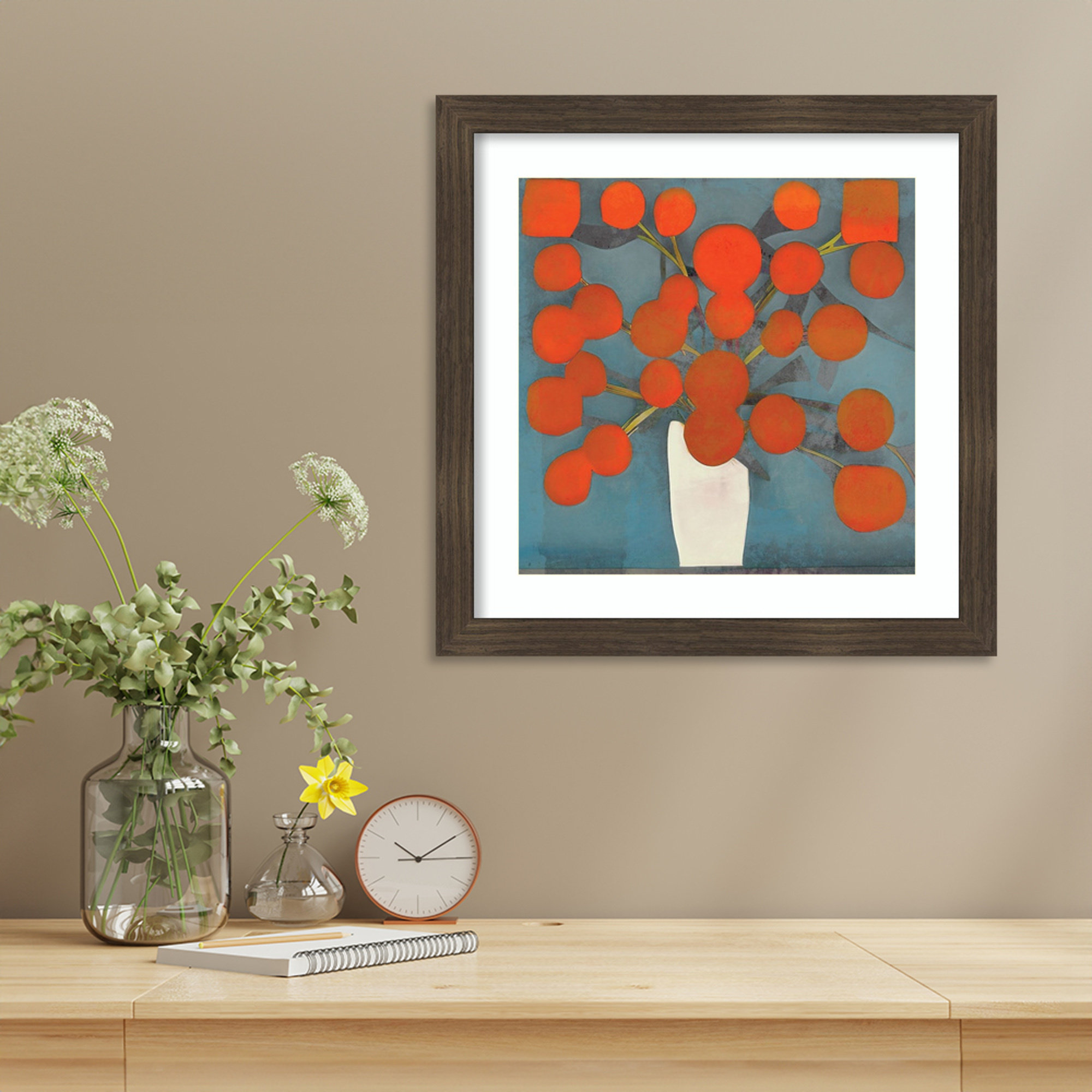 Abstract Orange Flowers by Elena Ray Wood Framed Wall Art Print, Dark Brown, 18" H x 18" W
