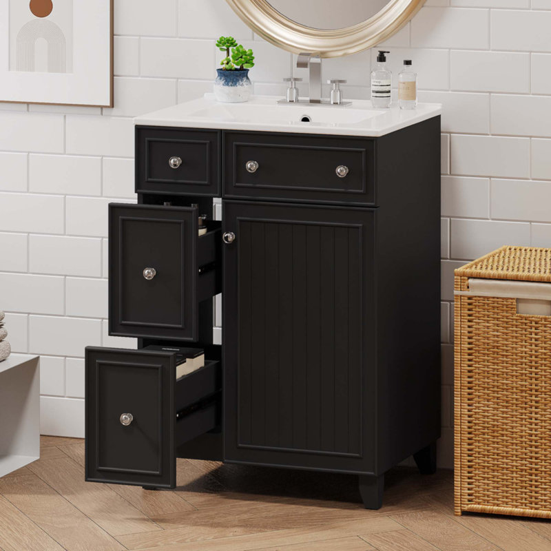 Armoire de meuble-lavabo 24 po avec lavabo en céramique, Noir