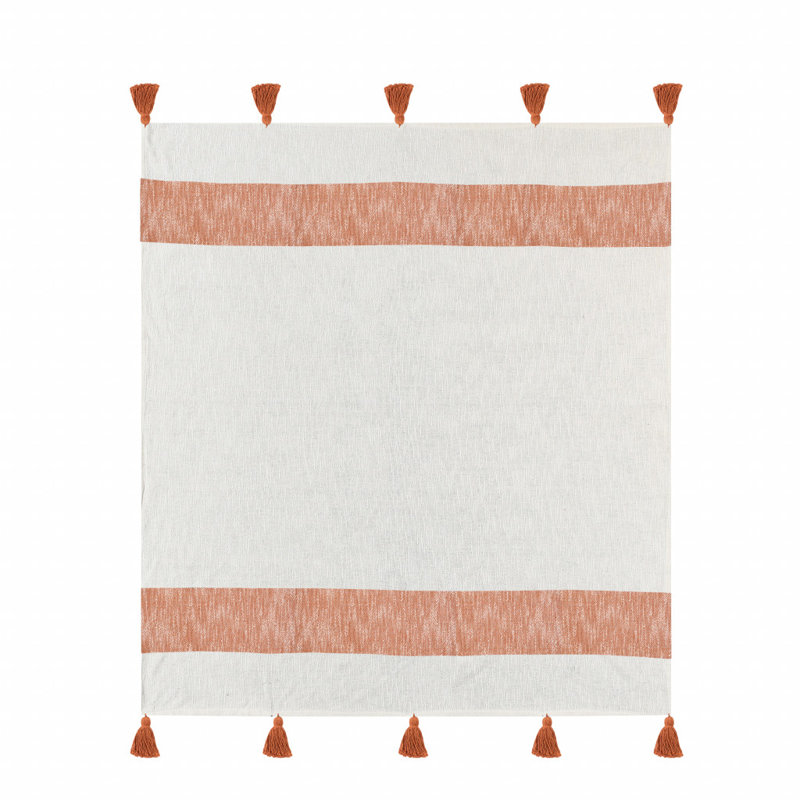 Jeté rayé en coton tissé orange, Orange / rayures blanches