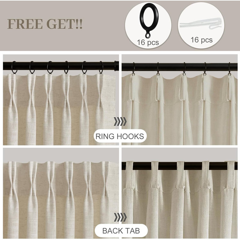 YZ Home Pinch Pleated Linen Curtains 2 Panels Set, Light Filtering Linen Blend Sheer Drapes Memory Trained Pleated Curtain Back Tab with Hooks Rings for Living Room Bedroom