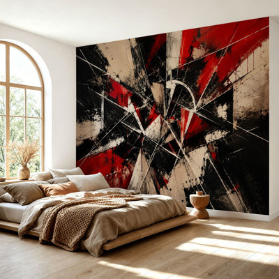 Papier peint adhésif autocollant abstrait, peinture expressionniste beige, noir, rouge, coups de pinceau dynamiques, papier autocollant amovible, décoration murale pour salon, chambre à coucher H 69 po x l 96 po