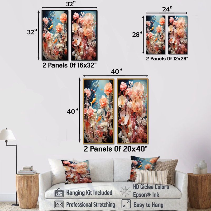 Ensemble de 2 décorations murales marines sous-marines Coral Elegance II - Corail, Cadre noir, H 40 po x l 41 po