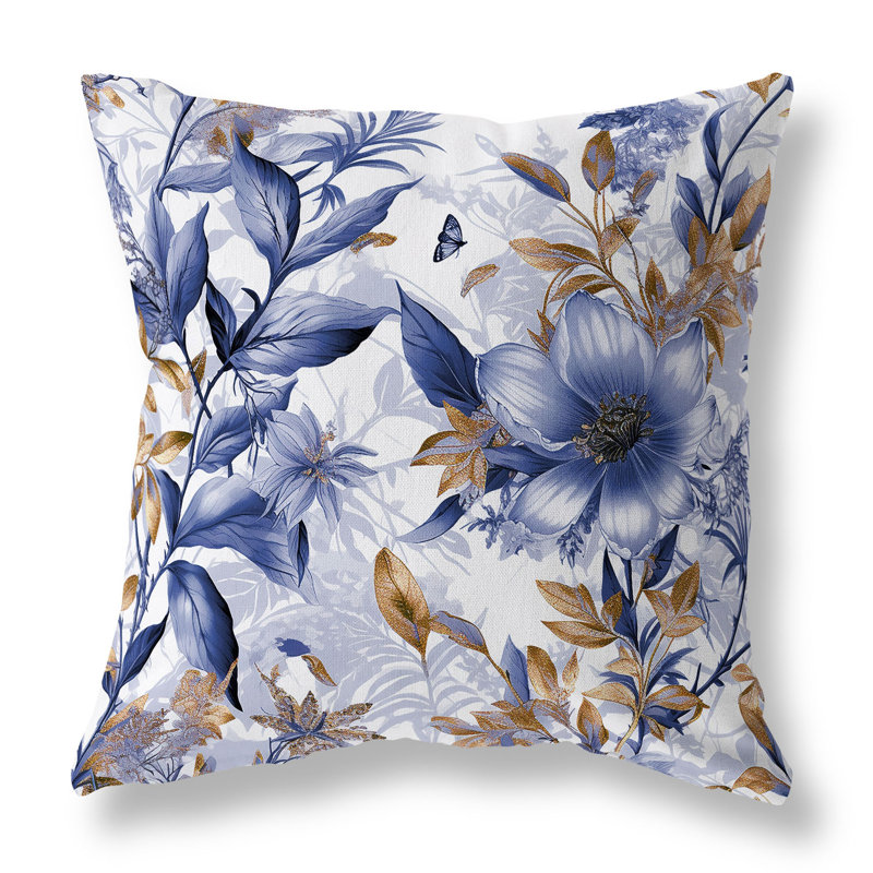 Oreiller réversible intérieur / extérieur Exorable Floral Breeze, H 20 po x l 20 po, Bleu / floral doré