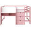 Lit mezzanine double pleine grandeur de couleur rose, avec bureau intégré, bibliothèque, rangement sous le bas, garde-corps et tableau blanc créatif, trois compartiments de rangement, tablettes ouvertes, espace de rangement pour la chambre à coucher-1665589858