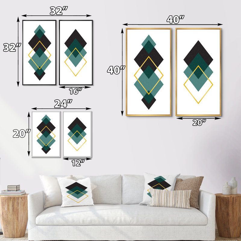 «Abstract Geometrics in Green and Gold II», ensemble de 2 peintures, H 32 po x l 32 po x P 1 po, Cadre noir