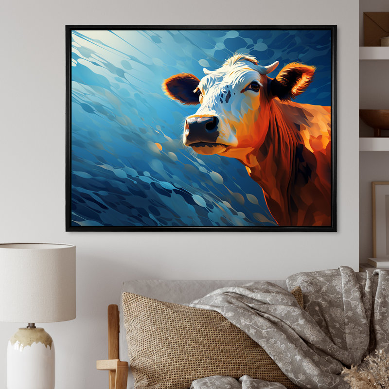 «Blue and Orange Cow Flow» - Art mural sur toile de vache, Cadre flottant noir, H 16 po x l 32 po