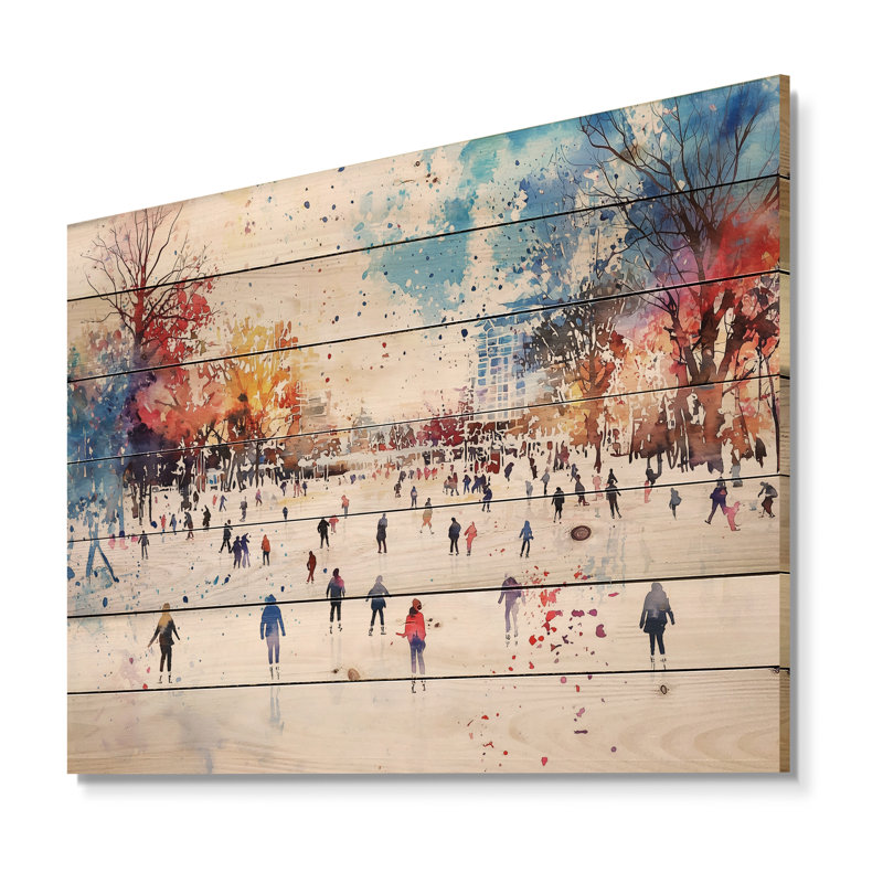 Patinoire I - paysage d'hiver, impression sur bois bleu sur bois de pin naturel, H 10 po x l 20 po