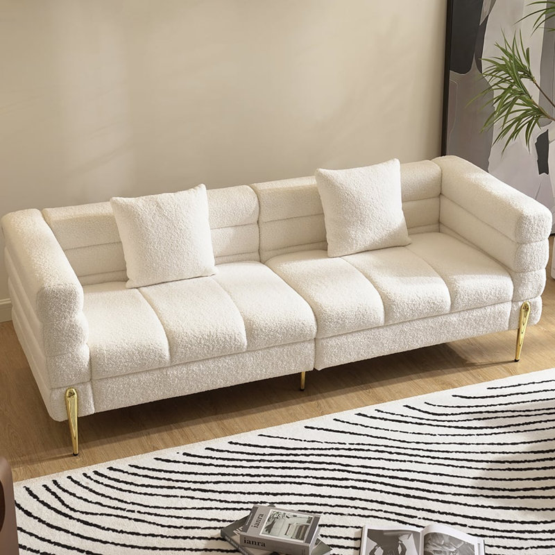 78.7" Modern Boucle Upholstered Fluted 3 Seater Sofa For Living Room With Pillow, White