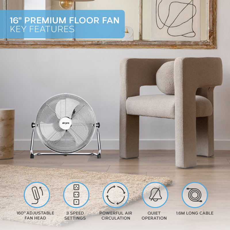 16" Floor Fan - Powerful Air Cooling Fan With 3 Speed Settings, Silver