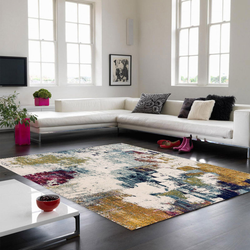 Abstract Multi Mustard Modern Easy To Clean Abstract Rug For Dining Room, Chenille/Cotton, Rectangle 160 x 230cm