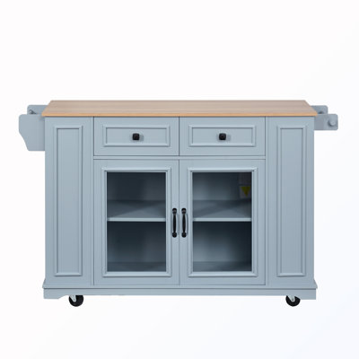 Rolling Kitchen Island with Glass Door and Power Outlet and Open Shelves and Knife Holder