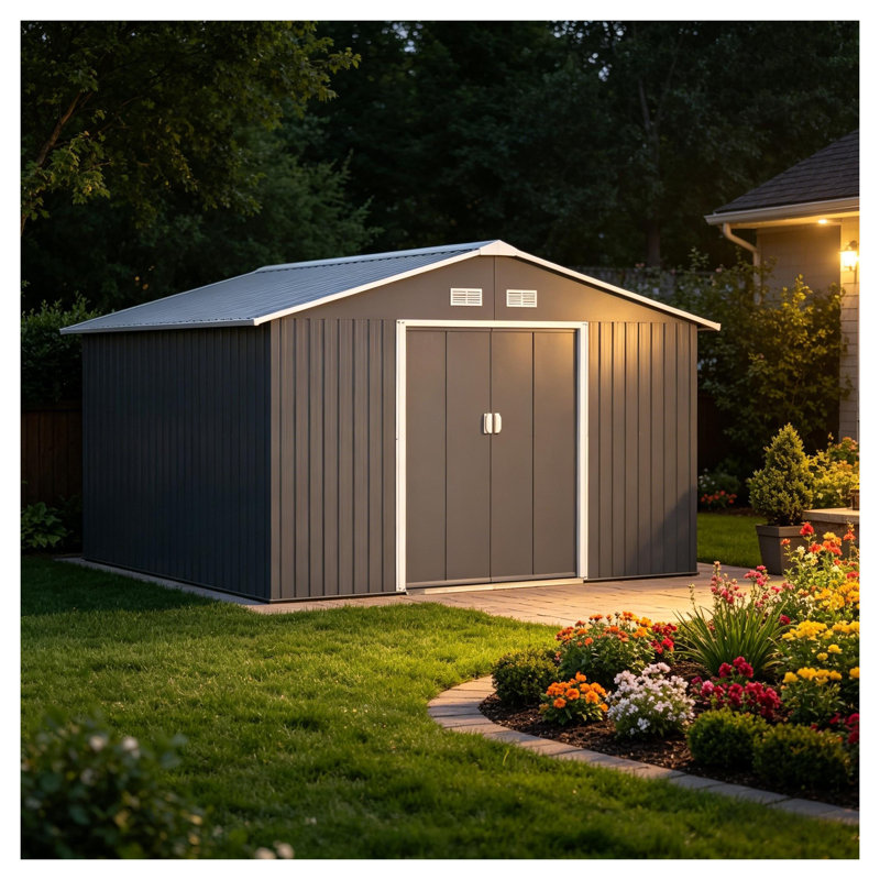 Dark Gray Steel Outdoor Storage Shed with Lockable Doors and Ventilation, Gray