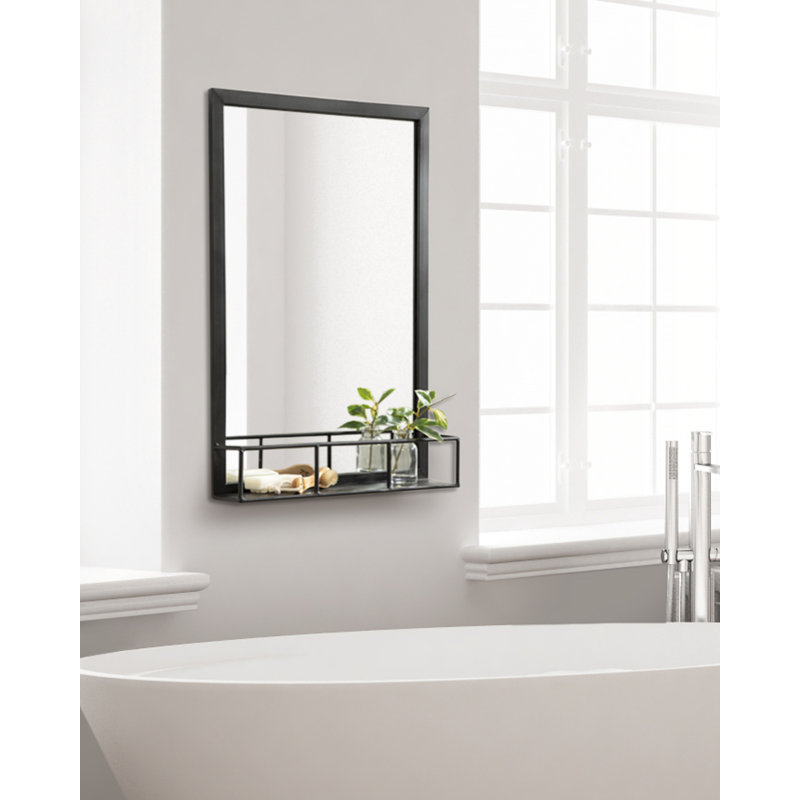 Heider Metal Flat Mirror with Shelves, Black, 30" H x 20" W