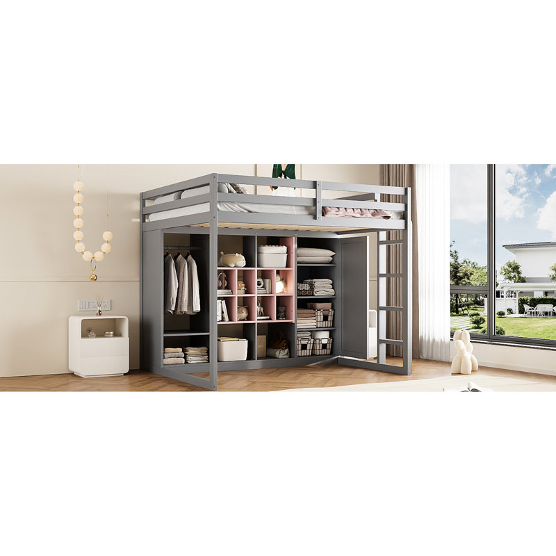 Lit mezzanine double en bois massif gris et rose, rangement intelligent pour les petits espaces, garde-corps de longueur, escalier réversible, lit de 65 po de hauteur en gris et rose, structure et coffre-fort pour adolescents, tablettes de garde-robe ouvertes