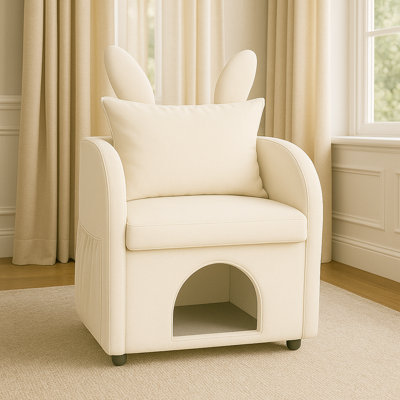 Fauteuil d'appoint 2-en-1 avec oreilles de lapin et casier dissimulé pour animaux de compagnie, résistant aux égratignures et rembourré pour animaux de compagnie avec poches latérales