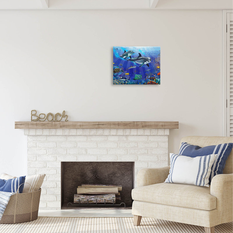 «Au-485», toile «Sea Life Scène Dauphins sur toile» par Interlitho, peinture, H 16 po x l 20 po x P 1,5 po