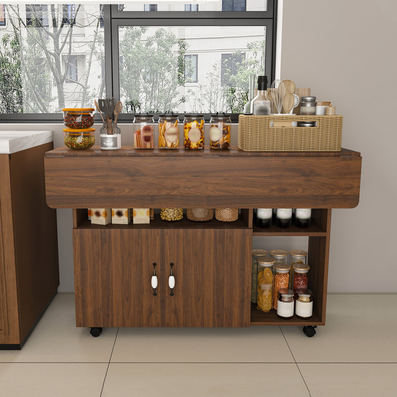 Table pliante multifonctionnelle avec tablettes et roulettes de rangement, table de salle à manger pliable de 47 pouces pour les petits espaces, bureau compact pour la cuisine, dortoir, bureau (noyer)