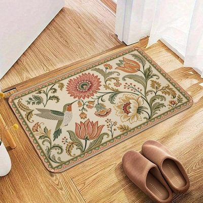Tapis de sol floral en flanelle Colibri lavable antidérapant pour entrée de cuisine