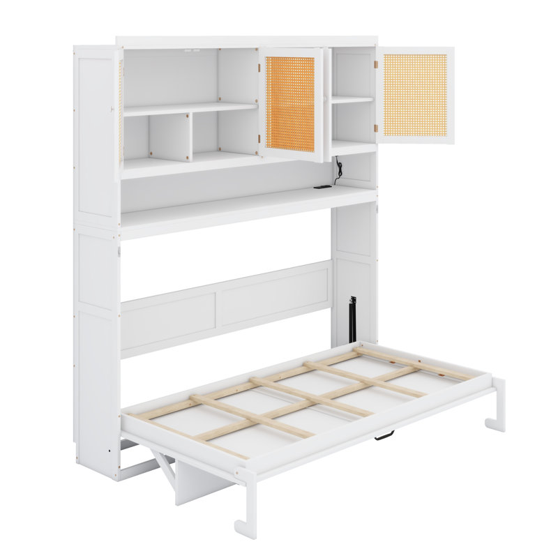 Lit compact pliable avec casier supérieur, éclairage intégré et accès USB, Blanc
